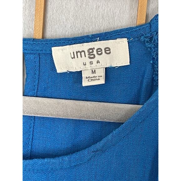 UMGEE Linen Blend Top Blouse Crochet Lace Blue Multicolor Medium - Picture 3 of 5